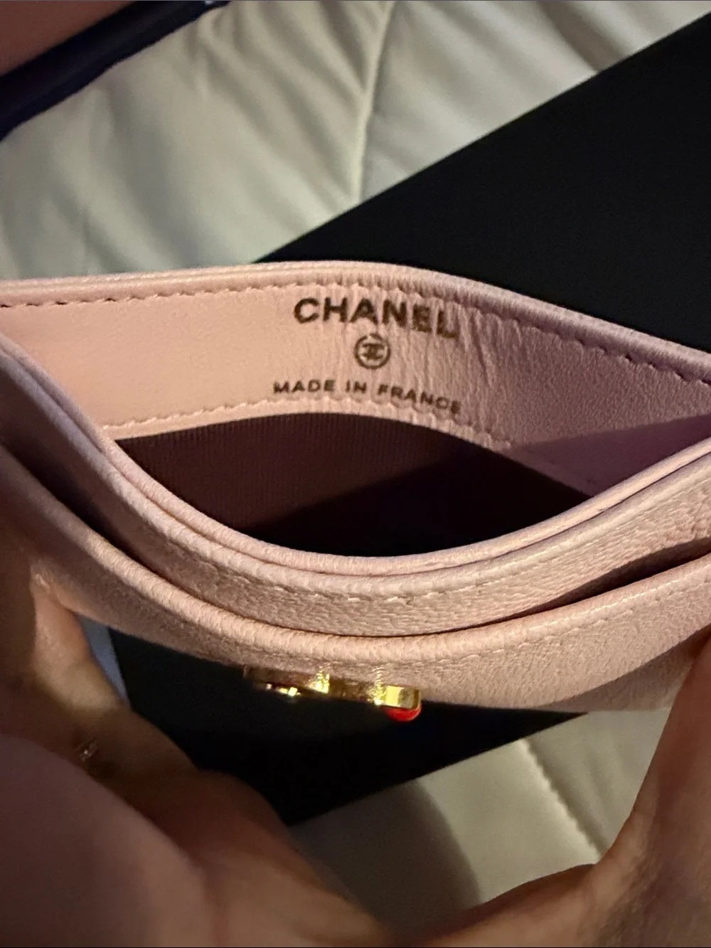 100% Authentic CHANEL Pink Card Holder with Gold CC Emblem and Apple